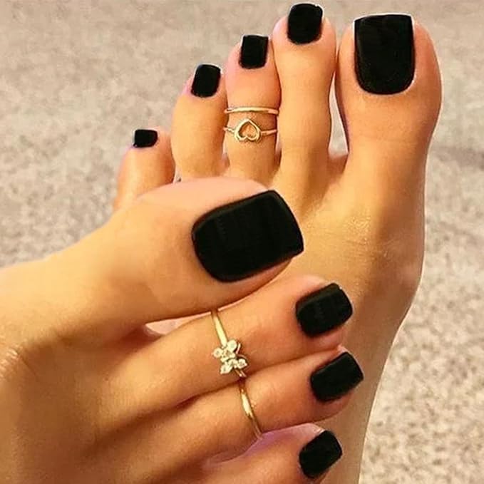 Black Square Fake Toenails Short Matte Press on Toe Nails Acrylic False Toes Nails with Designs Artificial Summer Beach Full Cover Toenail for Women 24 Pcs (Black)
