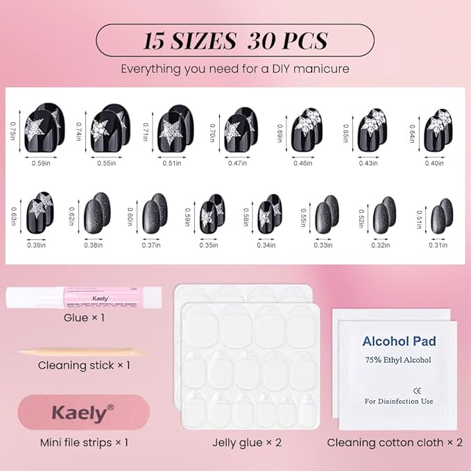 evpct Black Goth Cat Eye Short Press on Nails Oval, Short Oval Stick on Nail for Women Gift, Gothic Silver Star Metallic Glitter Glossy Reusable Spring Summer Press on Acrylic Fake Nail with Design