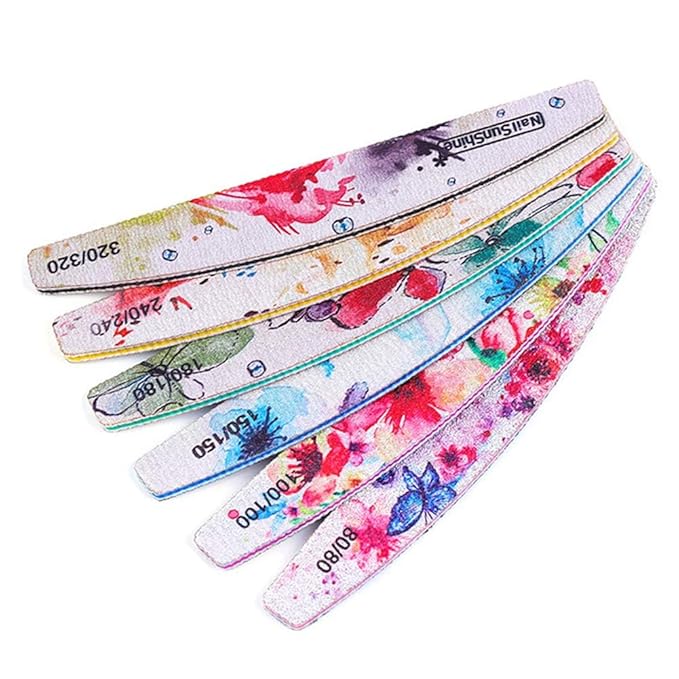 6 PCS Different Grit Nail Files and Buffers, Flower Pattern Emery Board (80-320 Grit) Professional Manicure Tools for Home and Salon Use