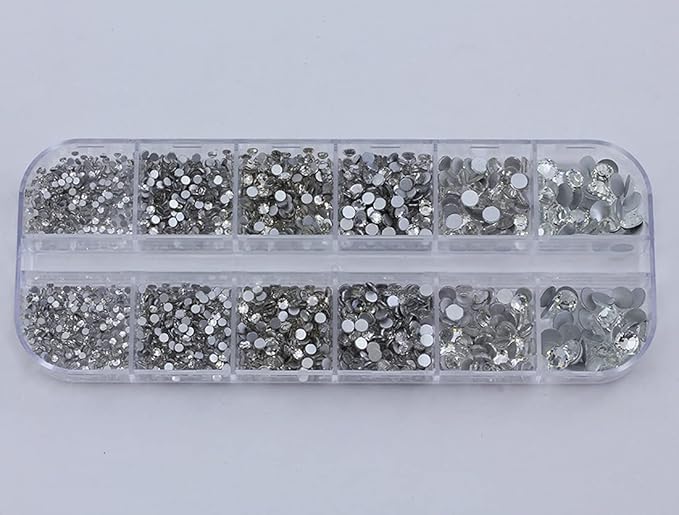 Over 2100 Pieces Crystal Clear Flat Back Glass Rhinestones Crystals for Nail Art Kit 6 Sizes (1.4mm - 4.8mm)