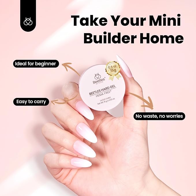 Beetles HEMA-Free Hard Gel for Nails,0.5 oz Mini Size Pink 9 in 1 Builder Nail Gel for Sensitive Nails Extension Sculpting & Overlays UV/LED Lamp Cured Professional Nail Tech Use Women