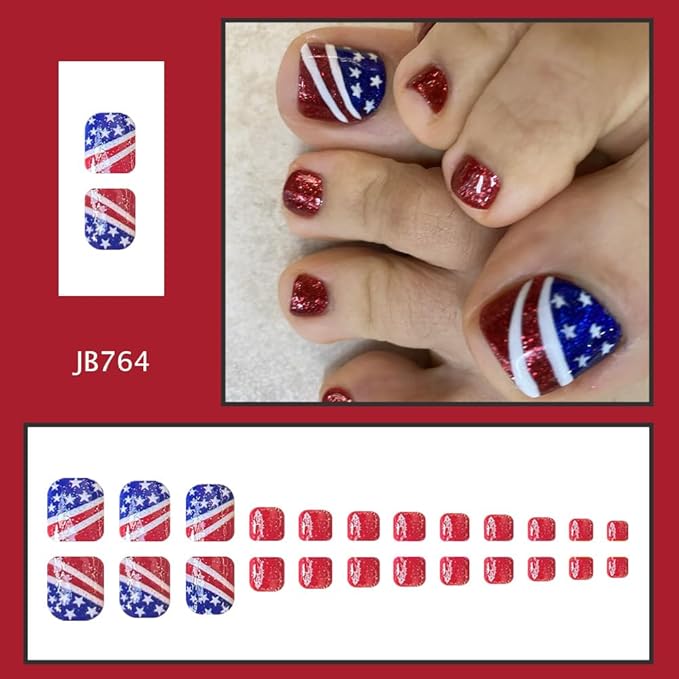 Independence Day Press on Toenails Short Square Fake Toe Nails Red Glitter False Toenails with Stripe Designs Full Cover Glossy Stick on Toenails Summer Star Glue on Toenails for Women 4th of July