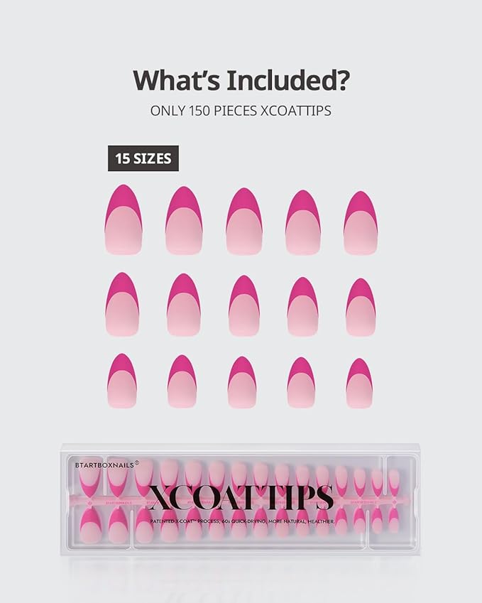 BTArtboxnails XCOATTIPS Pink French Tip Press On Nails - Almond Press On Nails Medium, Soft Gel Nail Tips, Soak Off Pink Acrylic Fake Nail Extension in 15 Sizes