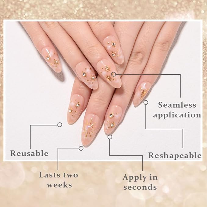 3D Nude Press on Nails Medium Almond with Bohemian Design, Nude Nail + Gold Star Glossy Stick on Nails for Women with Kit, Reusable Soft Gel Stick on Fake Nail with 3D Gold Stars Designs Perfectly Fit