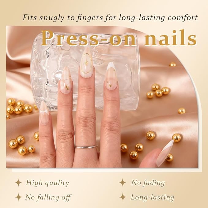 3D French Press on Nails Medium Almond with Bohemian Stars Design, Nude Nail + White Tip Glossy Stick on Nails for Women with Kit, Reusable Soft Gel Stick on Fake Nail with French Design Perfectly Fit
