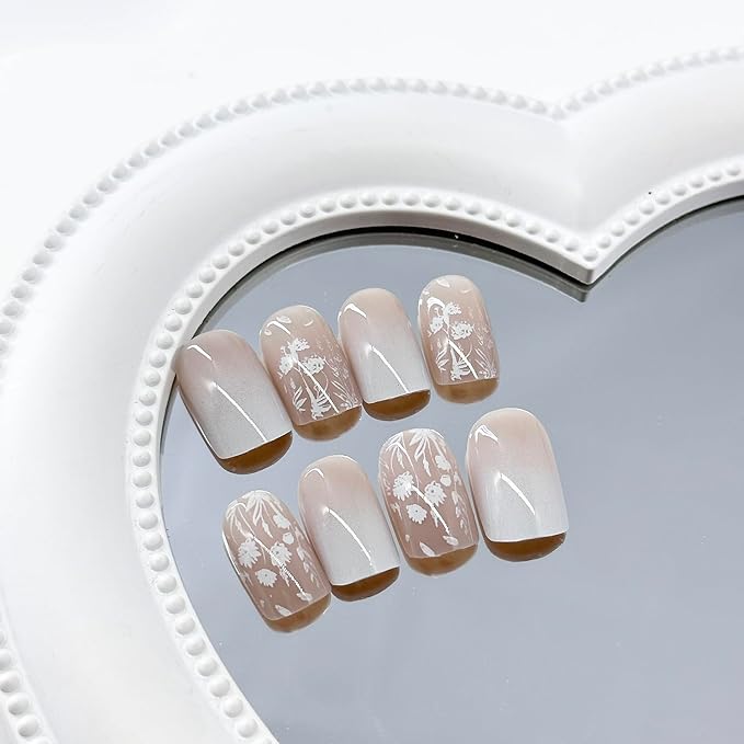 MABKJL French Fake Nails - White Gradient Square Full Cover White Floral Designs Glossy Glue on Acrylic Artificial Nails for Women Girls - 24Pcs