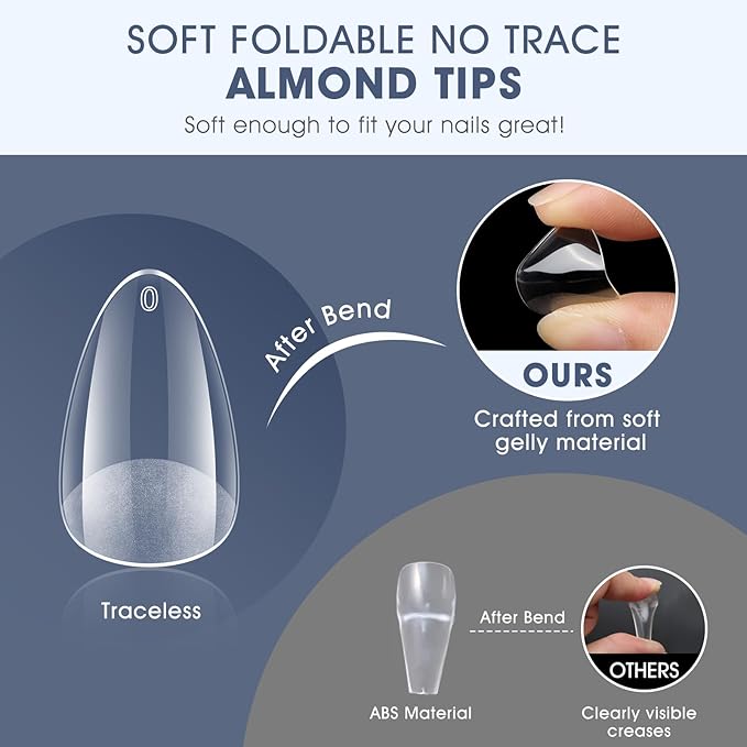 Short Almond Gel Nail Tips: 240 PCS Pre-Shaped False Acrylic Nail Tips Clear Fake Nails Extension Full Cover for Nail Manicure Home DIY Women 12 Sizes