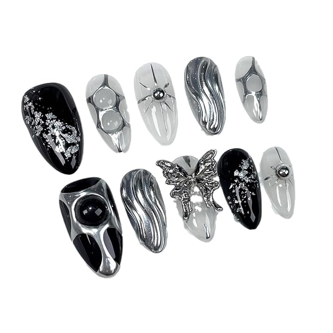 Black Press on Nails Medium Almond Fake Nails with 3D Metal Butterfly Irregular Silver Design Handmade False Nails Sequin Full Cover Artificial Nails Stick on Nail for Women DIY Tips (M)