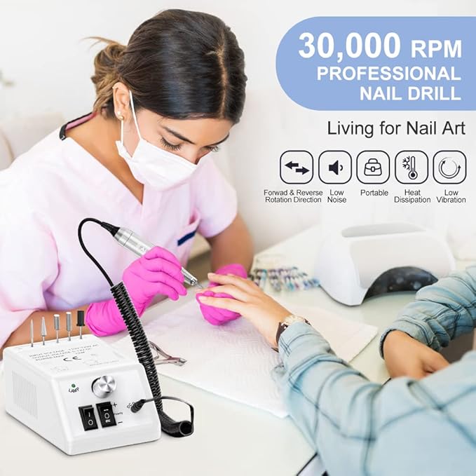 Professional Electric Nail Drill Machine 30000 RPM Efile Buffer Manicure Grinder Tools for Acrylic Nails with Nail Bits and Sanding Bands - White