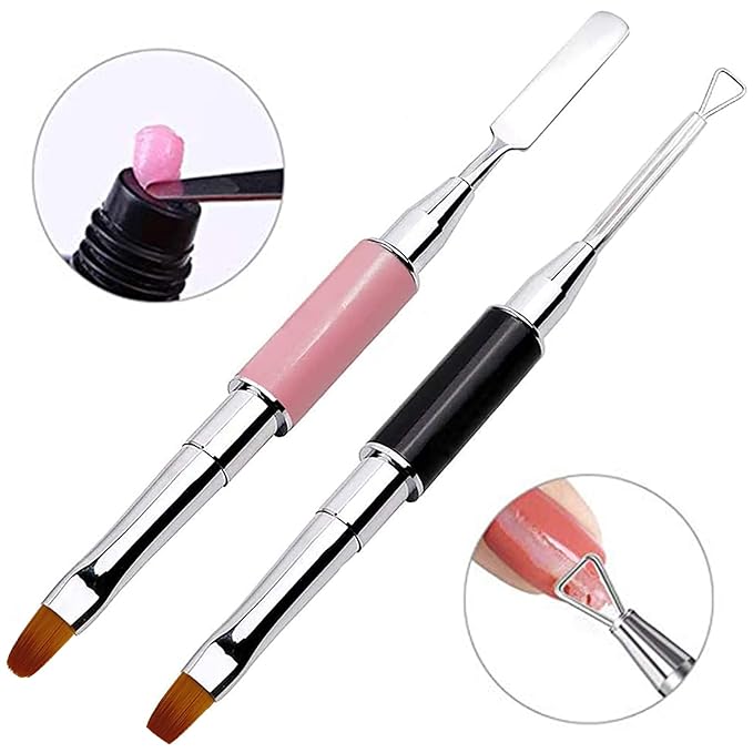 Kalolary 2Pcs Acrylic Dual-Ended Poly Gel Nail Brush, Gel Picker and Nail Pusher Peeler Scraper, Cuticle Remover - Stainless Steel (Pink&Black)
