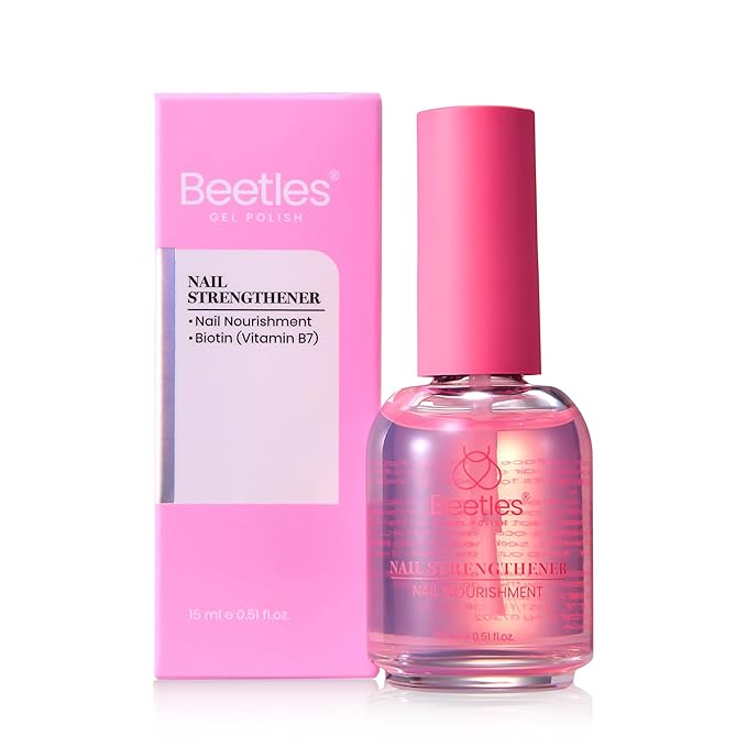 Beetles Nail Strengthener, Strawberry Nail Enhancer for Damaged Nails Strengthener and Growth Pink Air Dry Nails Strengthening Polish Natural Growth Treatment Gifts for Women 15ML