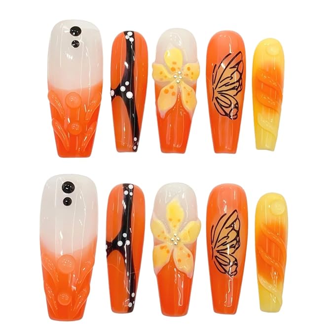 Orange Press On Nails Long Coffin - 3D Flowers Hand-Painted Butterflies French Tip Yellow Floral Acrylic Nail for Women (Mango Sago,S)