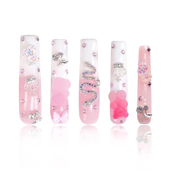 LOVFUL Press on Nails Marshmallo Gummy Bear Square | Luxury Diamond Pink Cotton Candy Nails| Pink Nails | Square Long 2.2 in | H26(M)