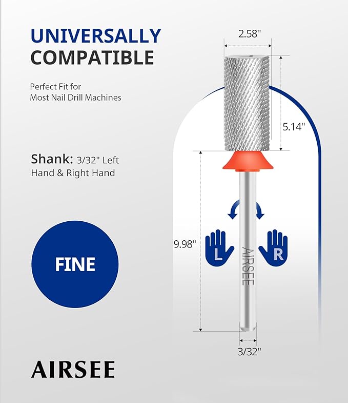 AIRSEE Tungsten Carbide Acrylic Nail Drill Bit Efile Electric File Machine Head Tip for Manicure Polishing Art Remove Gel 3/32" 2 Way Professional Tech Flat Top Cylinder Barrel Fine-F