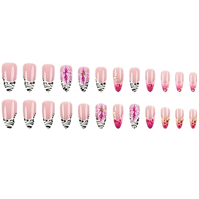 Almond Press on Nails Medium Fake Nails French False Nails Leopard Artificial Nails with 3D Flowers Designs Cute Handmade Nails Flowers Stick on Nails for Women 24pcs