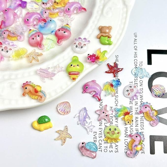 120PCS Summer Beach Nail Art Resin Accessories, Ocean Theme Shell Starfish Goldfish Nail Studs Sea Series Whelk Nail Charms Supplies for Nail Art Designs DIY Manicure Decoration 2