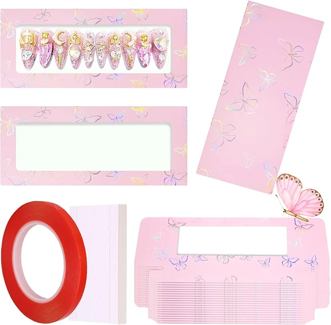 71 Pcs Empty Press on Nails Packaging Box 35 Pcs White Background Papers and 1 Double Sided Tape, Empty Nail Package Box Set for Press on Nail Business(Pink)…