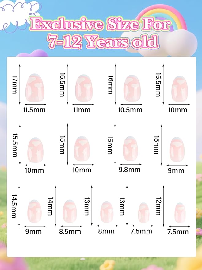 EBANKU 26 Pieces Press on Nails for Kids, Pink Almond Full Cover Acrylic Nail Tip Kit with Nail Glue Children Short Artificial False Nail Kits for Girls