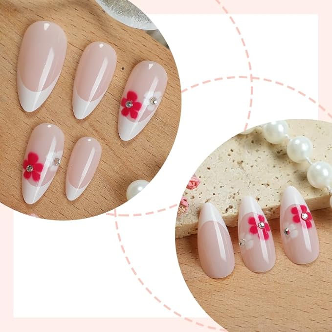 Press on Nails Almond Painted Flowers French Fake Nails French Fake Nails Reusable Nail Kit with Nail Glue Adhesive Tabs Mini File for Women Manicure Art Decoration 24PCS