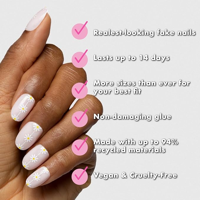 Olive & June Instant Mani Press-On Nails (Glue) | 42 Fake Nails, 21 Sizes | Non-Toxic, Long-Lasting Recycled Materials Realistic Look | Spring Flowers & Patterns | Short, Round |Daisy Chain