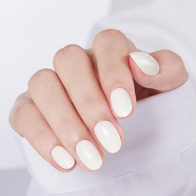 modelones Short Press on Nails, Oval Fake Nails Kit Press Ons with Nail Glue, Adhesive Tabs, Nail File, Prep Pad, Manicure Stick, 32Pcs 16 Sizes, Milky White, Spring Women Girl Gift