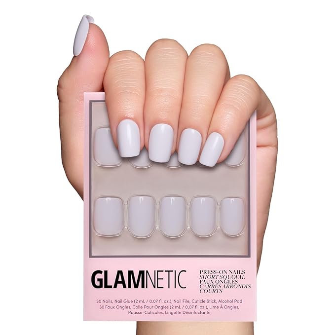 Glamnetic Press On Nails - Lilac Gray Fake Nails | Opaque Pale Light Lilac Gray Short Squoval Fake Nails, Salon Quality | 15 Sizes - 30 Nail Kit with Glue