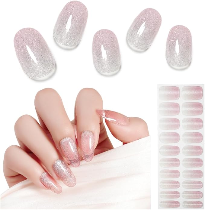 Arte Clavo Semi Cured Gel Nail Strips, 20 Pcs Gel Nail Stickers with UV Light Required, Salon Quality, Long Lasting, Easy Apply and Remove (Nude Glitter Cat Eye)