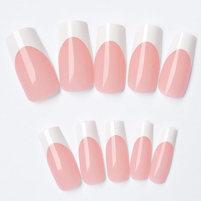 AddFavor 120pcs White French Tip Press on Nails Medium Square Fake Nails Nude False French Tip Nails Press ons Nail Acrylic Artificial Stick Nail with Adhesive Tab for Women Girls
