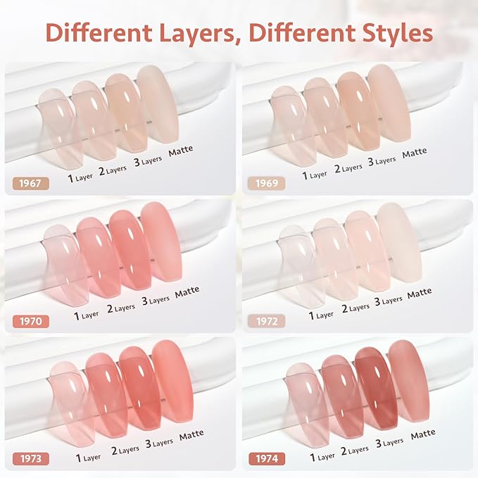 GAOY Milky Pink Jelly Nude Gel Nail Polish Set, 6 Transparent Colors Sheer White Soak Off UV Light Cure Gel Polish Kit for Salon and Nail Art DIY at Home
