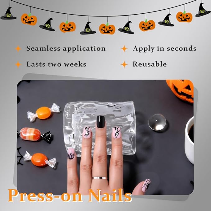 Halloween Black Press on Nails Petite Short Square with Spider Design, Black Artificial Extra Short Fake Nails with Cobweb Designs, Soft Gel Full Cover Cute Stick on Acrylic Nail for Women Girls