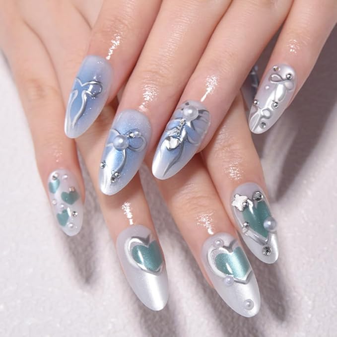 evpct White Blue 3D Shimmery Press on Nails Short Almond with Silver Line Heart Design, Cat Eye Pearl Stick on Nail for Women Gift, Reusable Full Cover Soft Gel Press on Fake Nail with 3D Design