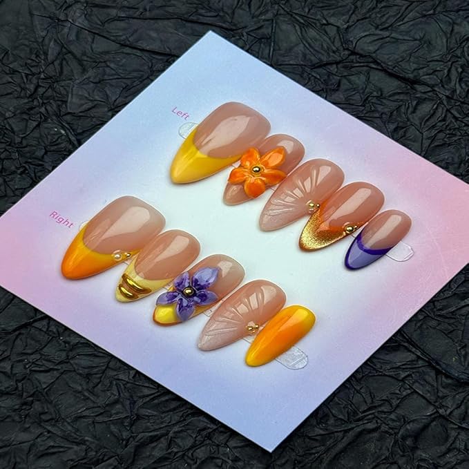 100% Handmade Press on Nails Medium Almond Handmade Nails with Purple Flower Design Ombre Yellow False Nails French Tip Nail Press ons Reusable Spring Summer Acrylic Fake Nail for Women Size M 10Pcs