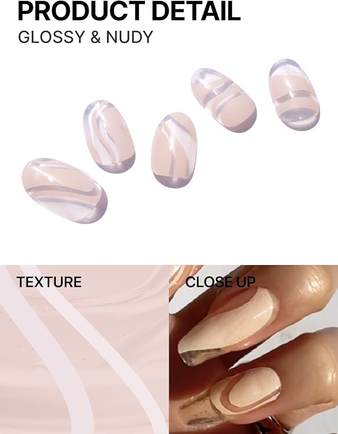 UUUUUU Semi Cured Gel Nail Strips | Salon-Quality | UV Free Gel Nail Wraps for Women | Easy Peel&Stick | Long-Lasting up to 14 Days | 28 Strips Set+File & Wipes | Gift-Ready(UGN109 Glossy & Nudy)