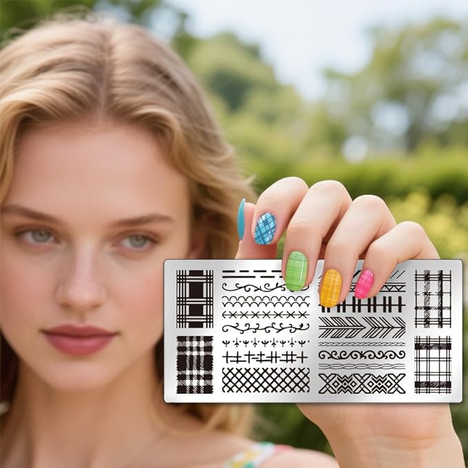 UNICRAFTALE 3Pcs Nail Stamp Plates Set Lattice Texture Nail Stamping Plate Texture Image Nail Stencils Plaid Argyle Pattern Nail Art Stamping Template with Nail Scraper for Women Nail Design Tools