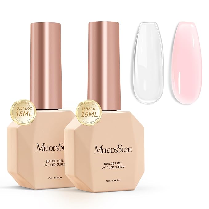 MelodySusie 2PCS 15ML Clear Nude Pink Builder Nail Base Gel for Nails Thickening,Soak Off UV Extension Gel,Rhinestone Nail Glue in a Bottle for Nail Art Design Gift for Women