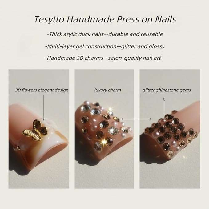 Short Duck Press on Nails Handmade 3D Flowers Butterflies Designs Nude Pink False Nails White French Tip Thick Acrylic & Muti-Layer Stick on Nails for Women Nails Art(Sunflowers,M)