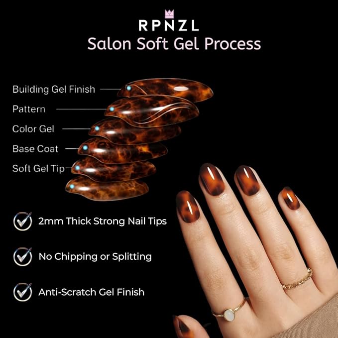 Press On Nails - Tortoise | Amber Tortoise Shell Short Oval, Salon Quality | 32 Nails, 16 Sizes Kit with Glue and Adhesive Tabs I Female Founded - Beauty, Self Care