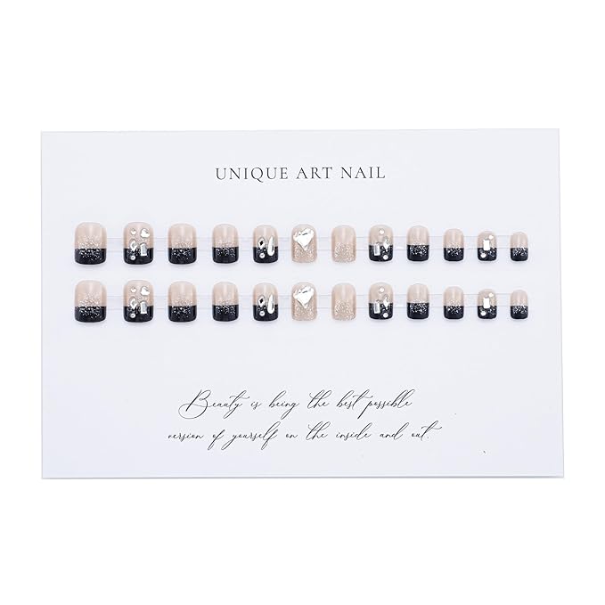 Press on Nails Short Black French Glitter Heart Rhinestone False Nails 3D Bling Square Fake Nail Tips Artificial Manicure for Women – 24pcs with Glue Kit (Black French)