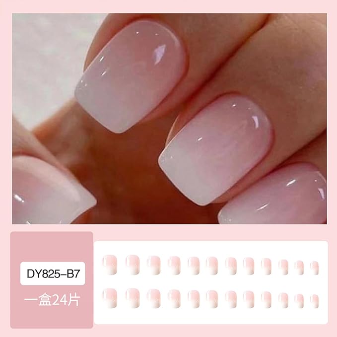Ombre Press on Nails Short Square Fake Nails Nude False Nails Pink Nail Press ons Full Cover Acrylic Stick on Nails Gradient White French Tip Glossy Glue on Nail for Women Manicure Set 24Pcs