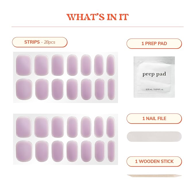 Heyhae Semi Cured Gel Nail Strips | No LED Lamp Needed | Summer, Solid, Purple | Easy Apply & Remove, Salon Quality | Includes 28 Strips, 1 Prep Pads, Nail File & Wooden stick - Hey, Lilac It