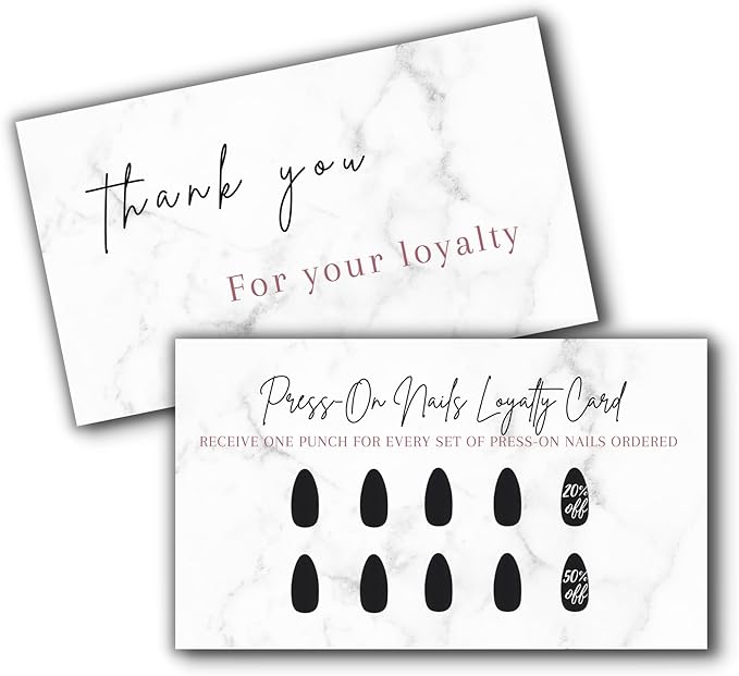 Boutique Marketing LLC Press-On Nail Loyalty Discount Cards | 50 Pack | 2x3.5 Inch inch Business Card Size | DIY Press-On Nail Kit | Marble Look with Black Nail Design,marble,black,white