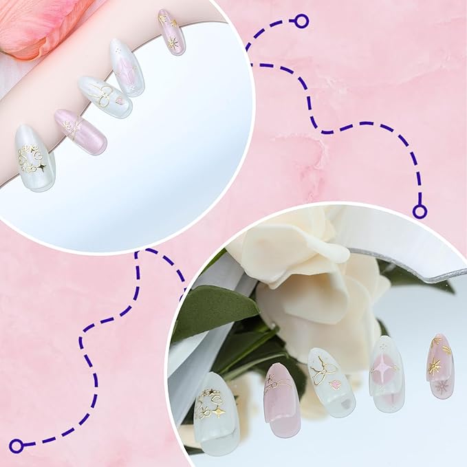30Pcs Pink Press on Nails Medium Almond Fake Nails with Glitter Designs Stick on Nails Cute Heart Bow False Nails Gold Star Acrylic Nails Full Cover Glue on Nails for Women Nail Decoration Supplies