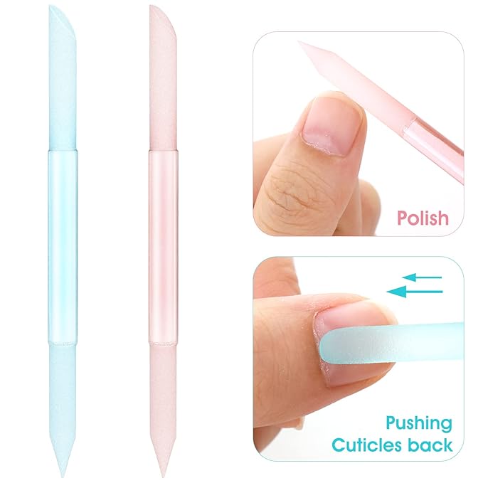 Sibba 2 PCS Nail Cuticle Pusher Glass Cuticle Remover Stick Trimmer Reusable Dual-Ended Manicure Stick, Pedicure Fingertip File Precision Filing & Abrasive Surface for Nail Care Polishing (Pink,Blue)