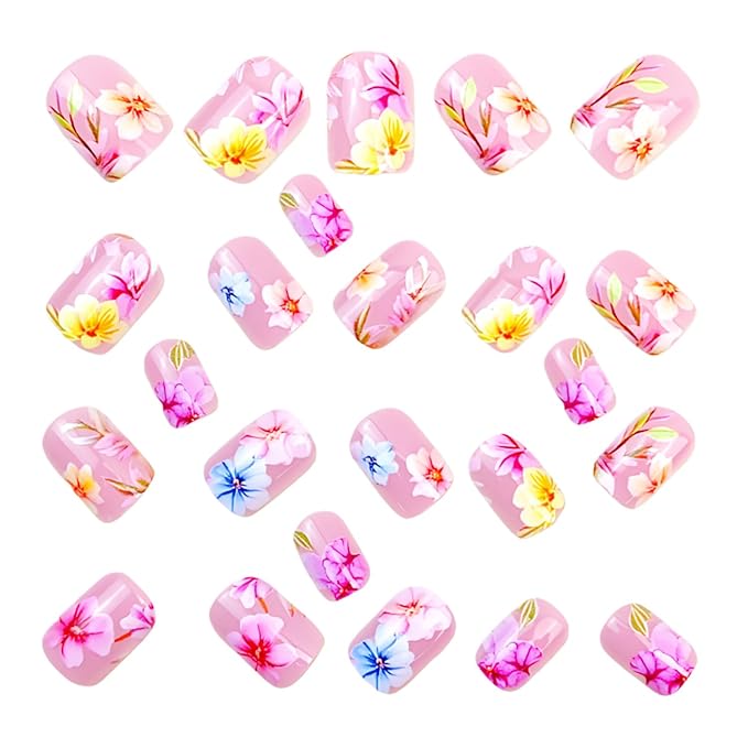 Flower Press on Nails Medium Square Fake Nails with Colorful Floral Leaf Designs Pink False Nail Spring Summer Stick on Nail for Women 24Pcs