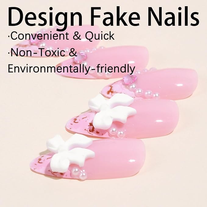 Press on Medium Nails - Almond Fake Nails with Bow Charms Design - Pink, French Tip False Nails - for Women 24 Pcs