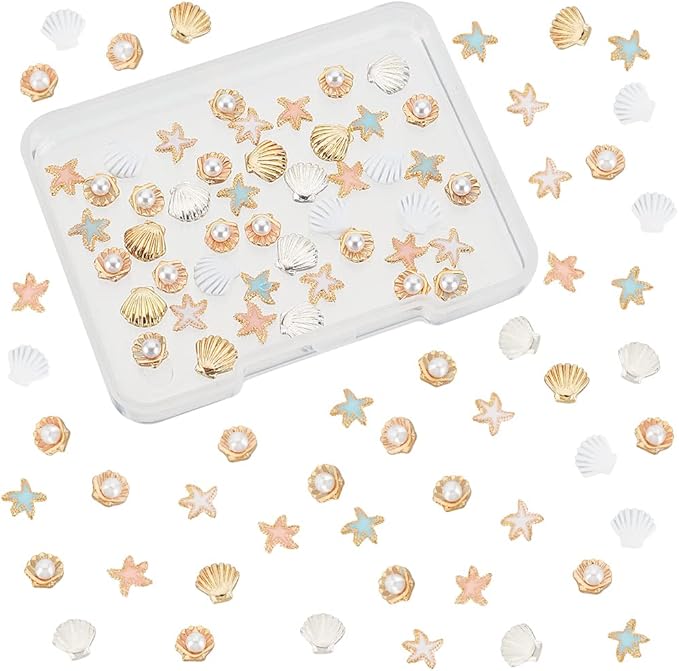 OLYCRAFT 45pcs 9 Style Starfish Shell Resin Fillers Alloy Enamel Cabochons Ocean Nail Art Decorations Resin Accessories Supplies for Jewelry Making Nail Art Decoration - Gold & Silver & Rose Gold