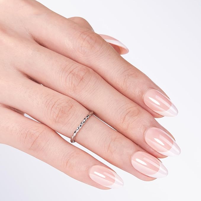 Modelones Chrome French Tip Press on Nails Almond, Short Almond Fake Nails, Nail Kit with Nail Glue Adhesive Tabs Mini Nail File, Nails Press Ons 32Pcs16 Sizes, Women Girl Gift
