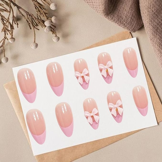 24pcs French Tip Press on Nails Short Almond Fake Nails with Charm Designs Cute Bow False Nails Full Cover Glue on Nails Pink French Tip Artificial Nails for Women Girl Nail Decoration