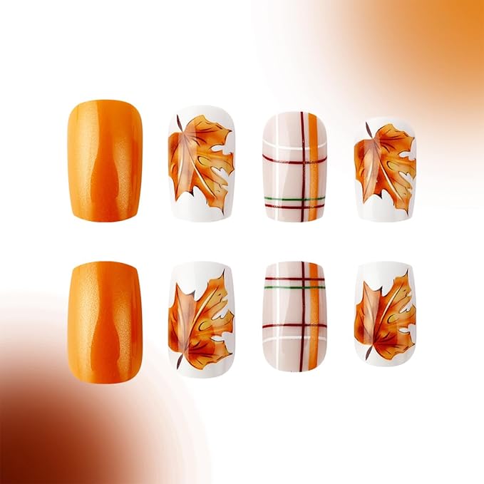 Fall Press on Nails Medium Square,Thanksgiving Fake Nails with Maple Leaf,Plaid Design - Orange False Nail Press ons Reusable Artificial Nails Glossy Full Cover Stick on Nails for Women Manicure 24Pcs