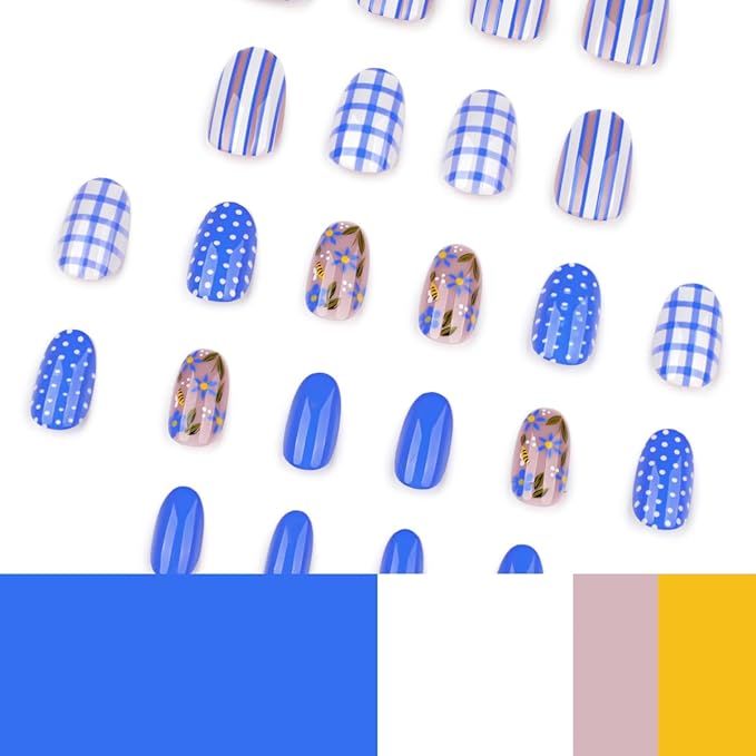Blue Press on Nails Short Oval Fake Nails Spring Summer Nails Press ons with Blue Gingham,Polka Dot Design,Reusable Artificial Nails Full Cover Stick on Nails for Women Manicure 24Pcs